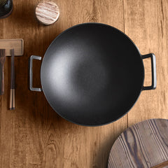 SOGA 36CM Commercial Cast Iron Wok FryPan with Wooden Lid Fry Pan