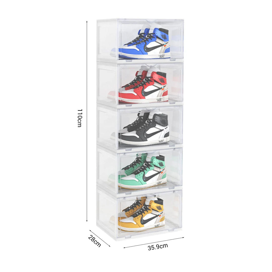 SOGA 5 Tier Transparent Portable Shoe Organiser Sneaker Footwear Folding Plastic Bin Stackable Storage Box with Magnetic Door