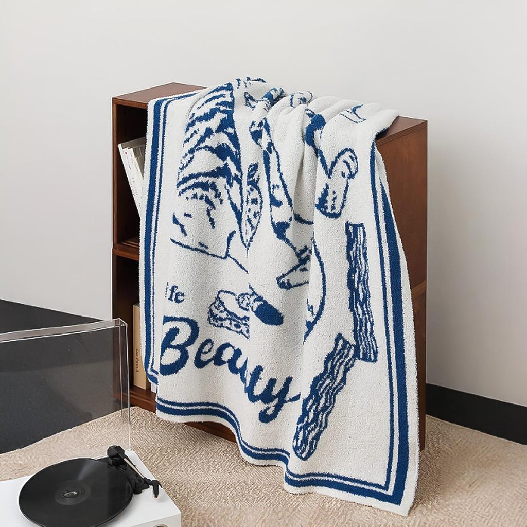 SOGA Off-White Cat Print Throw Blanket 130x160cm Polyester