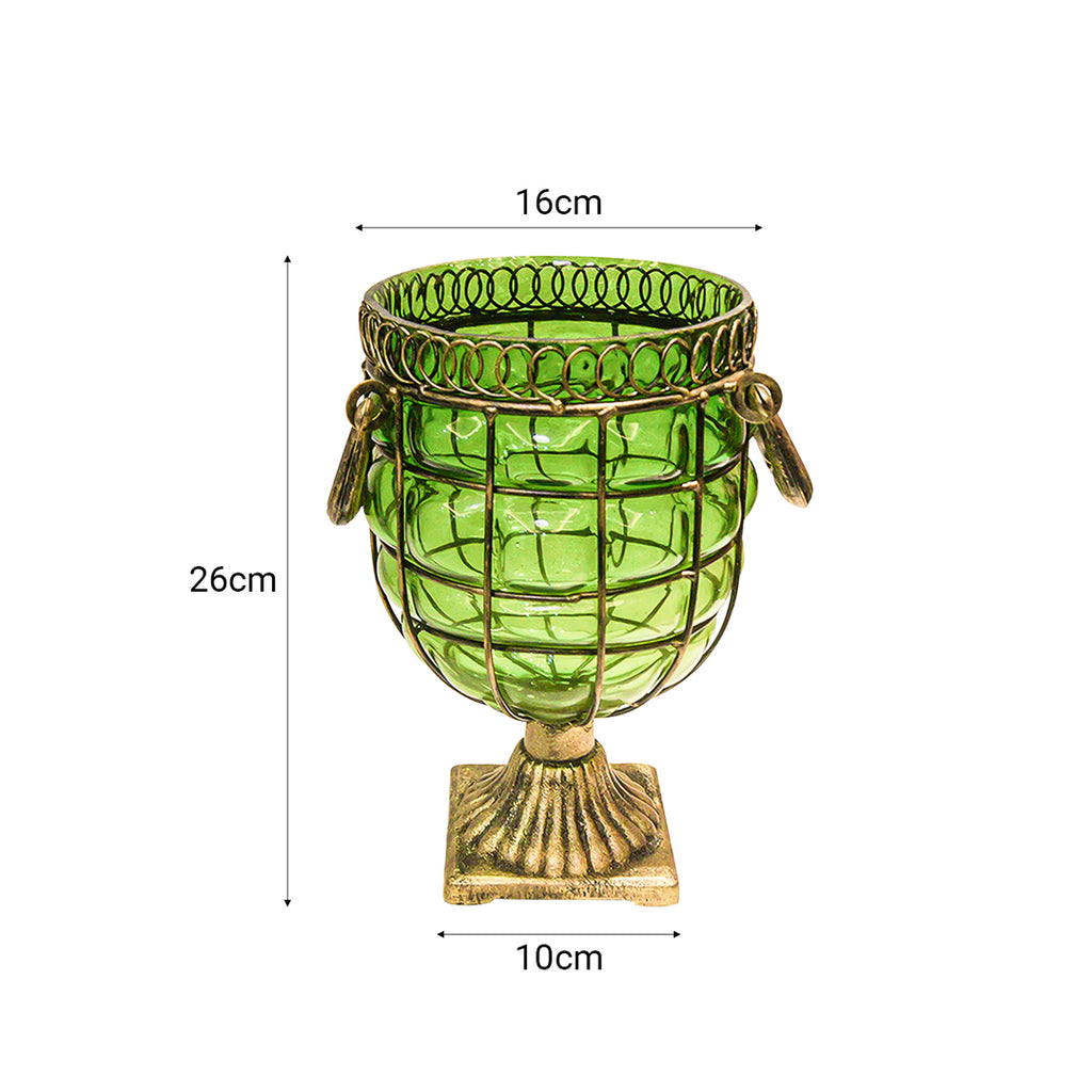 SOGA Green Colored European Glass Jar Flower Vase Solid Base with Metal Handle