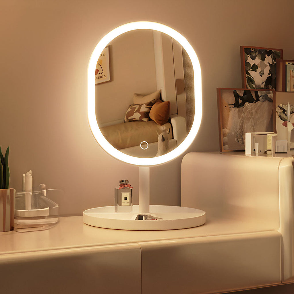 SOGA 2X 26cm White Oval Smart LED Makeup Bedroom Table Vanity Mirror Tricolor Adjustable Light