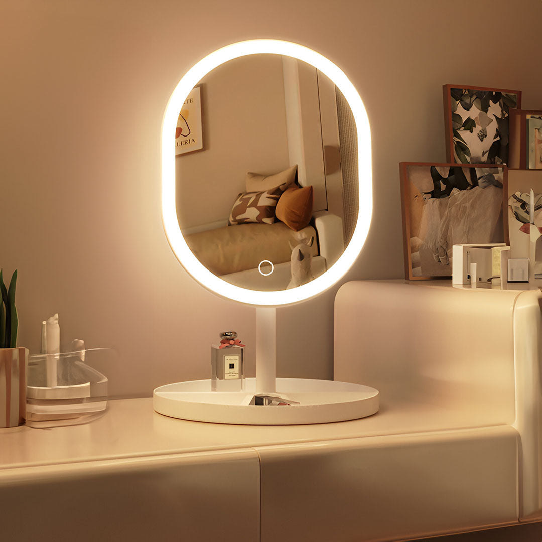 SOGA 2X 26cm White Oval Smart LED Makeup Bedroom Table Vanity Mirror Tricolor Adjustable Light