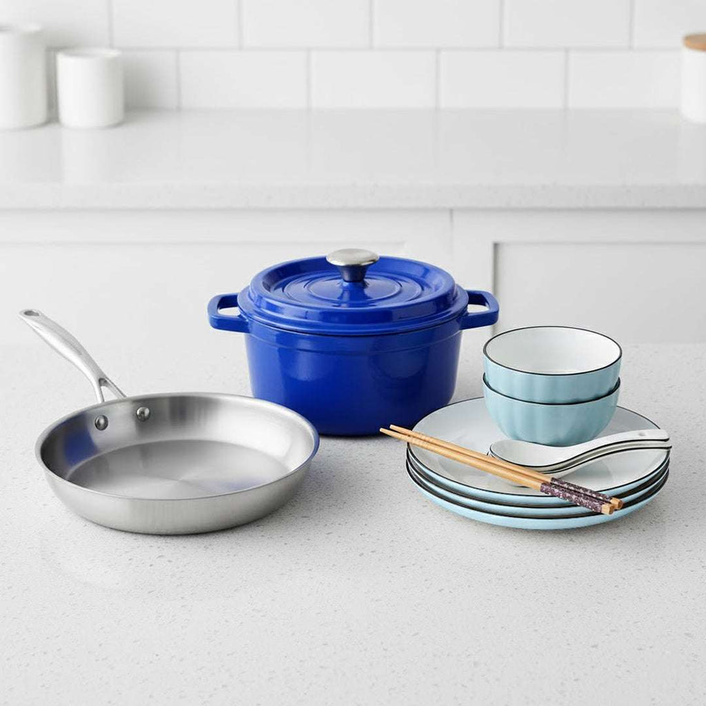 SOGA Kitchenware Bundle – Blue Enamel Stewpot, Stainless Steel Fry Pan & Ceramic Dinnerware Set $ 229