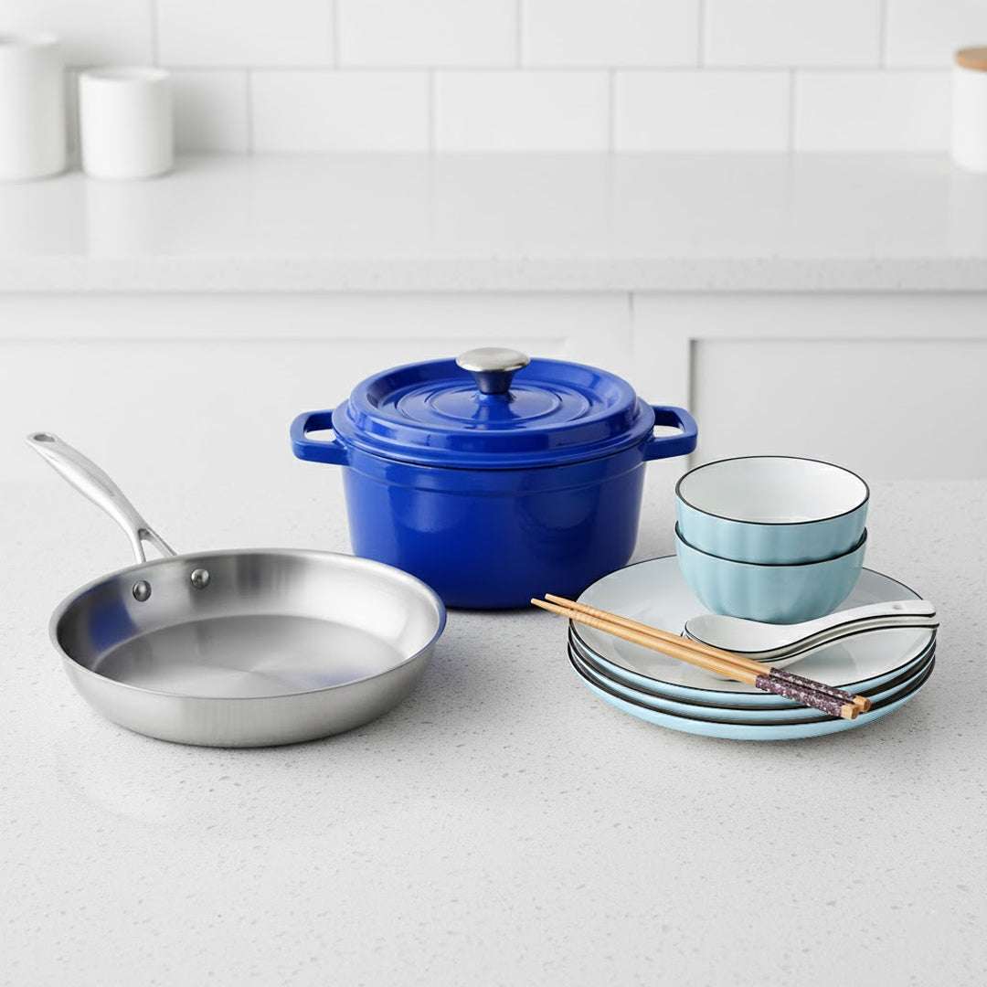SOGA Kitchenware Bundle – Blue Enamel Stewpot, Stainless Steel Fry Pan & Ceramic Dinnerware Set $ 229
