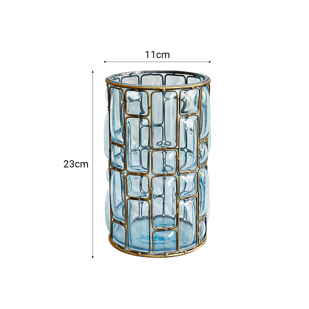 SOGA Blue Colored European Glass Cylinder Flower Vase with Gold Metal Pattern