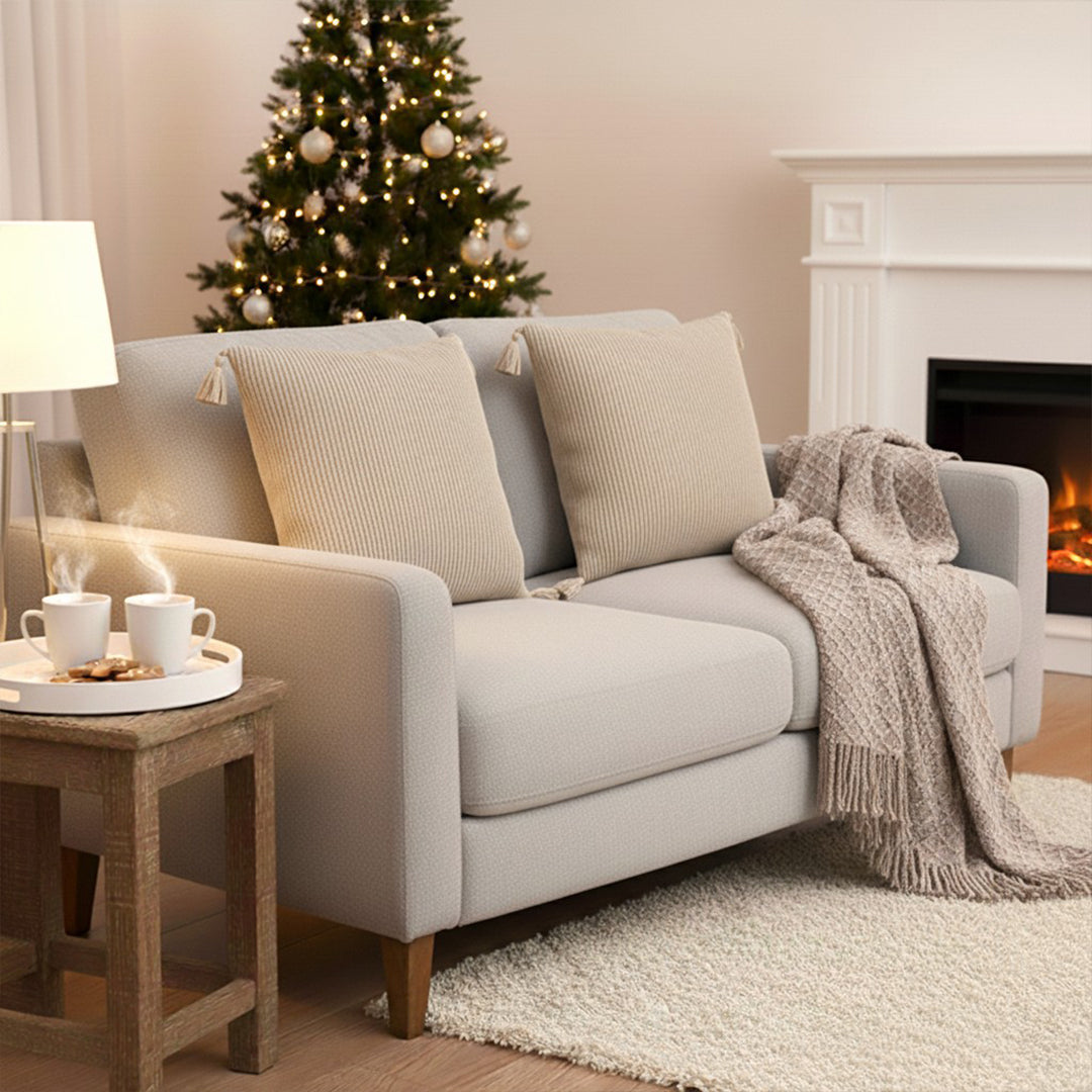 SOGA Home & Living Bundle – 2 Khaki Wabi-Sabi Tassel Pillows & Coffee Knitted Blanket