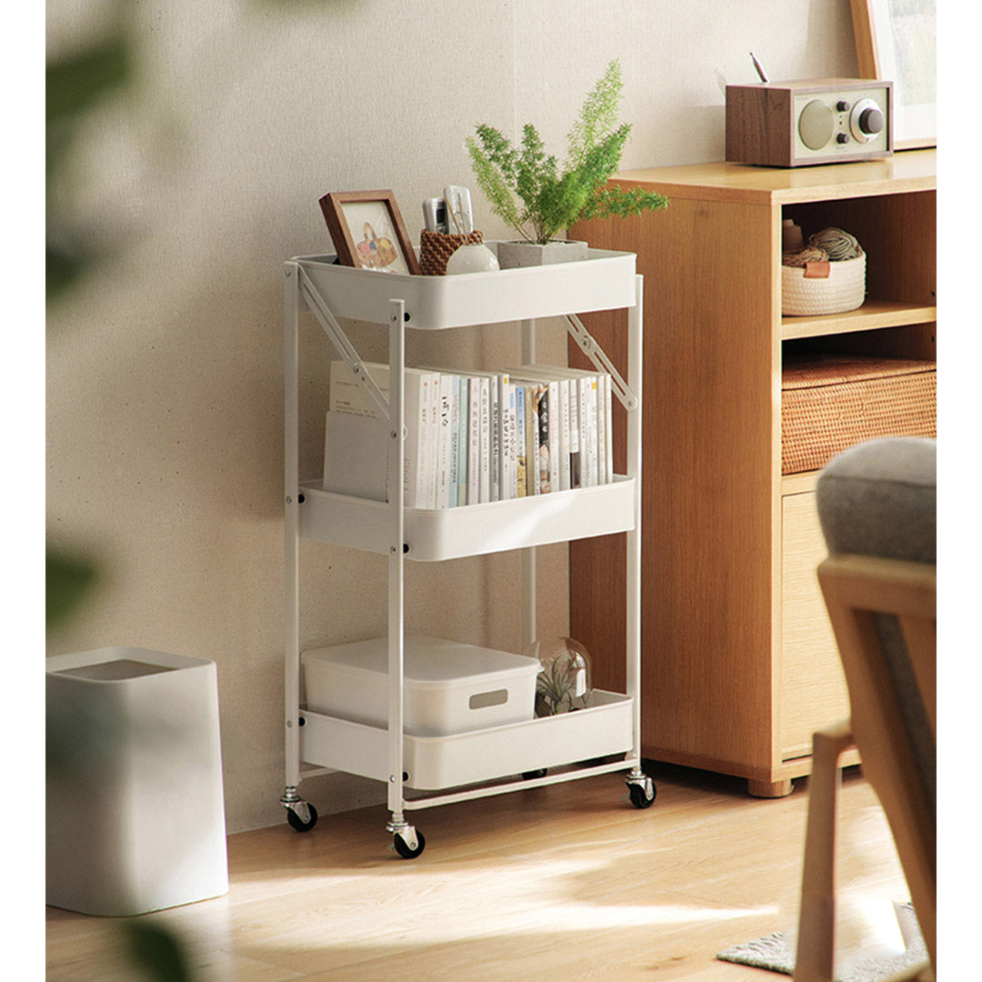 SOGA 2X 3 Tier Steel White Foldable Kitchen Cart Multi-Functional Shelves Storage Organizer with Wheel