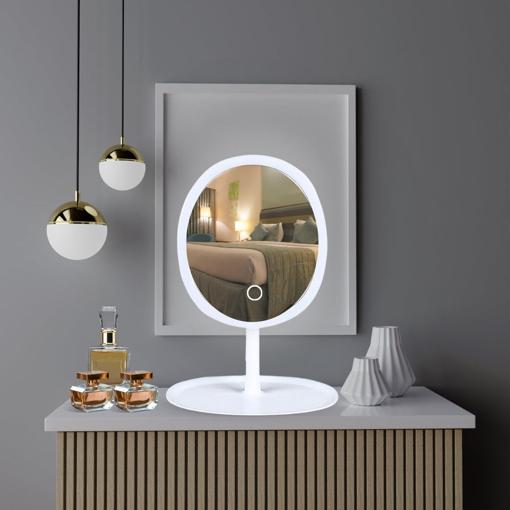 SOGA 26cm White Oval Smart LED Makeup Bedroom Table Vanity Mirror Tricolor Adjustable Light