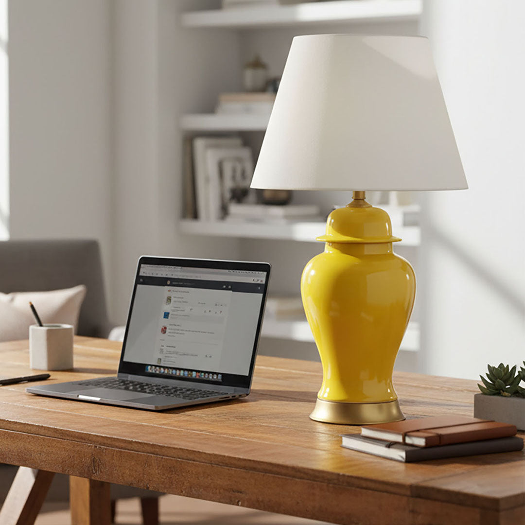 SOGA Oval Ceramic Table Lamp with Gold Metal Base Desk Lamp Yellow