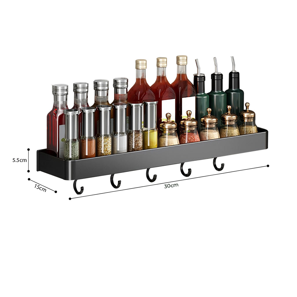 SOGA 30cm Black Wall-Mounted Rectangular Kitchen Spice Storage Organiser Space Saving Condiments Shelf Rack with Hooks