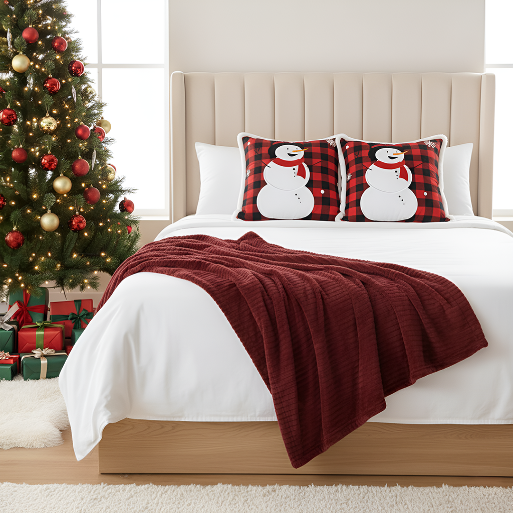 SOGA Christmas Bundle – 2 Red Snowman Holiday Pillow & Burgundy Striped Cozy Throw Blanket $ 136