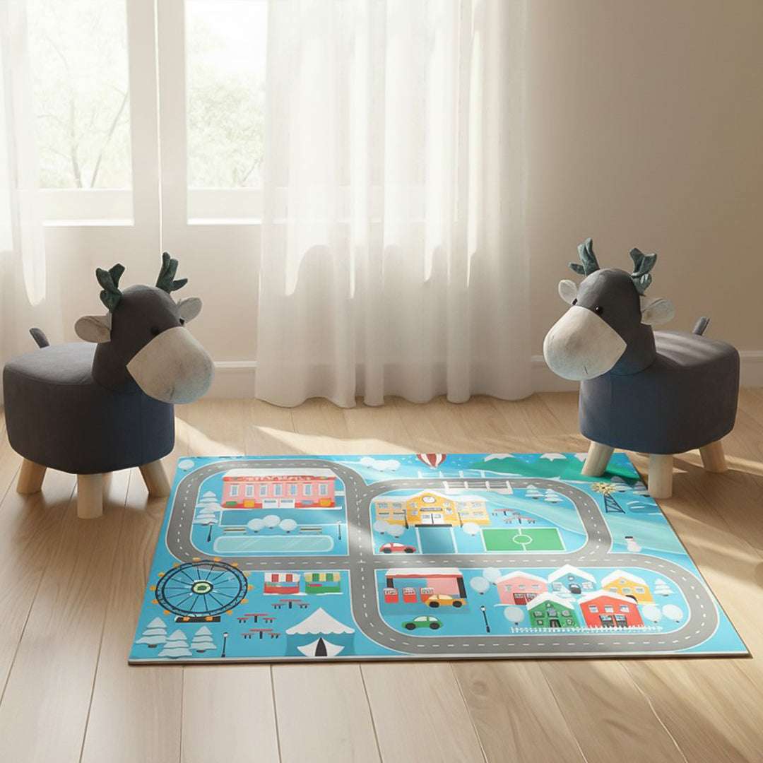SOGA Home & Living Bundle – 2 Grey Deer Character Children's Ottoman & Kids Street Map Rug $ 139