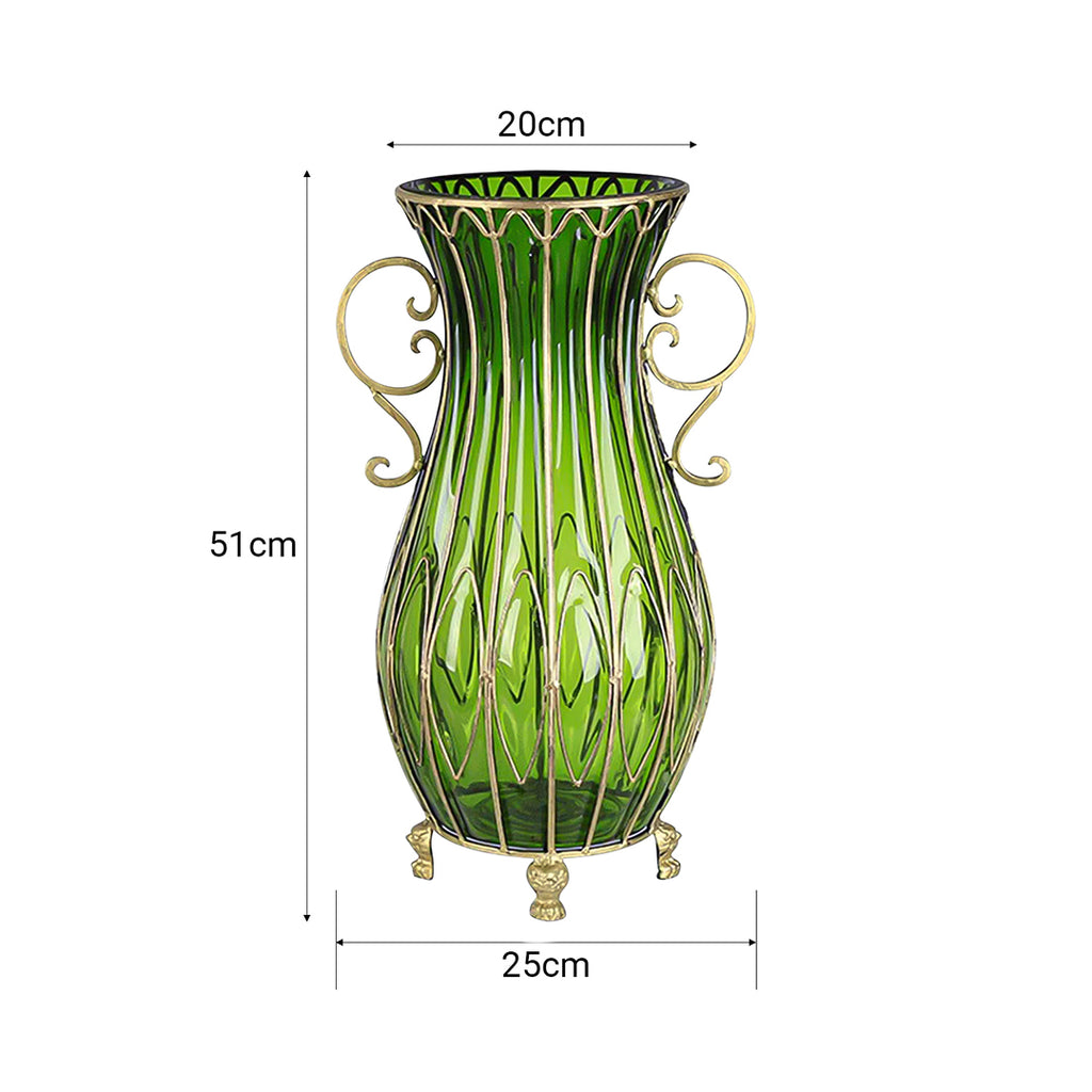 SOGA 51cm Green Glass Tall Floor Vase with 12pcs Pink Artificial Fake Flower Set