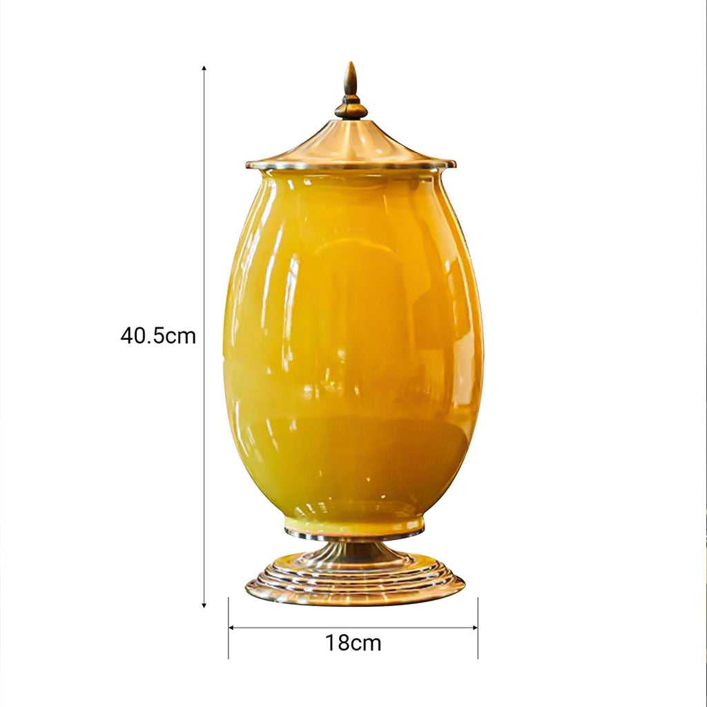 SOGA 40cm Ceramic Oval Flower Vase with Gold Metal Base Yellow