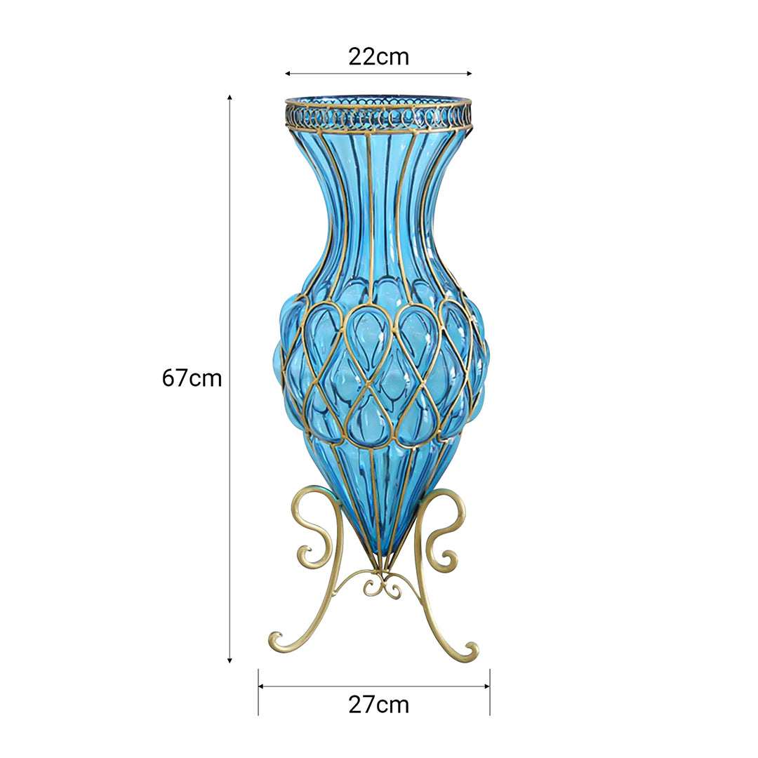 SOGA 65 cm Blue Glass Tall Floor Vase with Metal Flower Stand – Elegant Statement Piece for Modern Homes