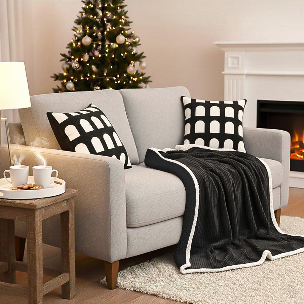 SOGA Home & Living Bundle – 2 Black White Geometric Pillow & Cozy Black Flannel Throw Blanket