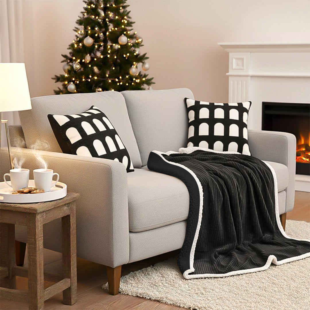 SOGA Home & Living Bundle – 2 Black White Geometric Pillow & Cozy Black Flannel Throw Blanket