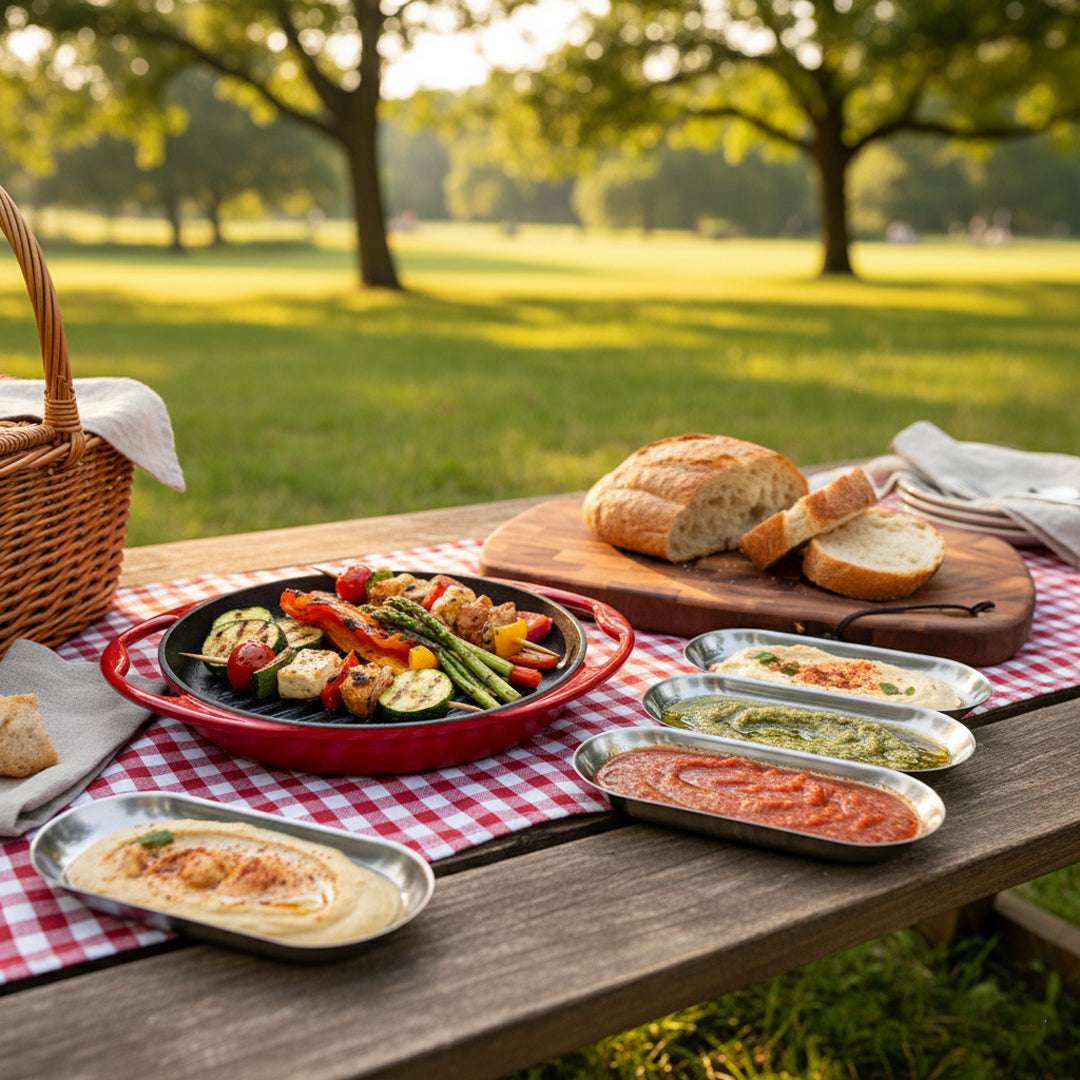SOGA Kitchenware Bundle – Acacia Cutting Board, Cast Iron Skillet & Silver Nordic Plate Set $ 179