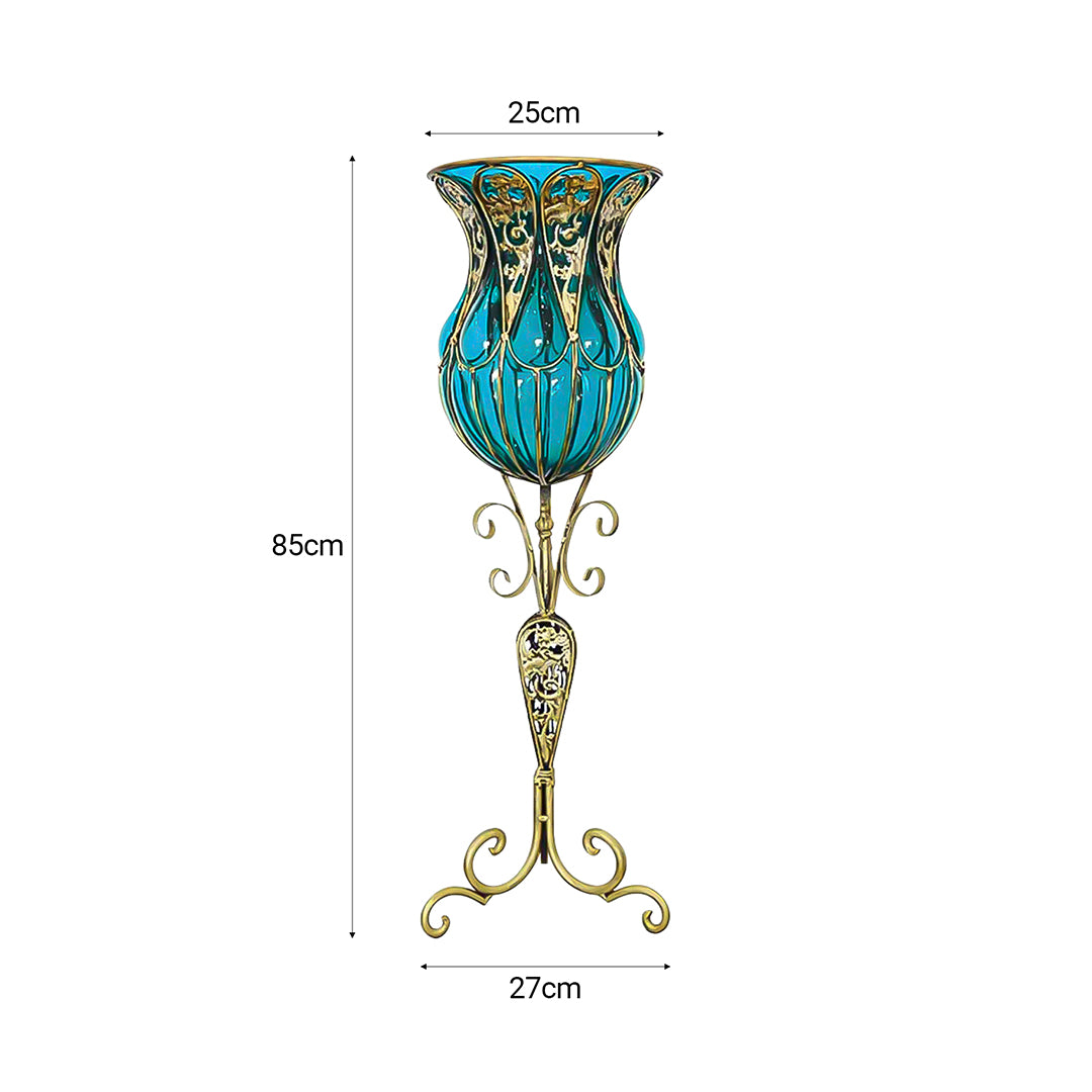 SOGA 85cm Blue Glass Tall Floor Vase and 12pcs Dark Pink Artificial Fake Flower Set