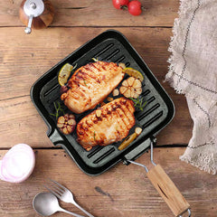 SOGA 2X 24cm Ribbed Cast Iron Square Steak Frying Grill Skillet Pan with Folding Wooden Handle