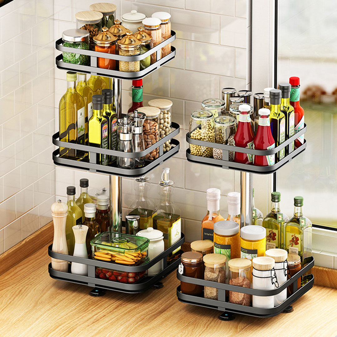 SOGA 3 Tier Steel Black Square Rotating Multi-Function Kitchen Portable Storage Spice Seasoning Kitchen Countertop Organiser Shelf