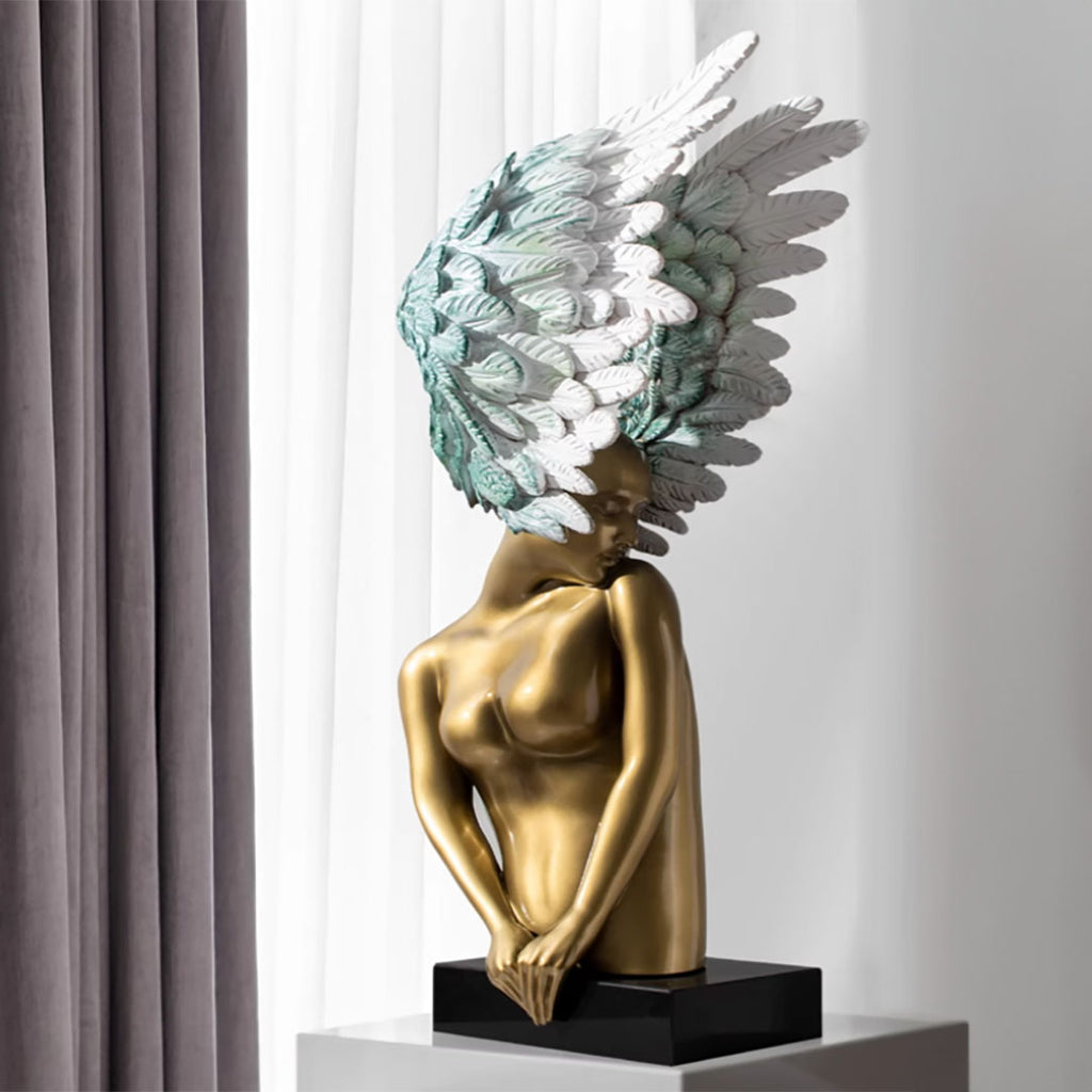 SOGA 86cm Gold Sculpture – Winged Resin Decor with Black Marble Base