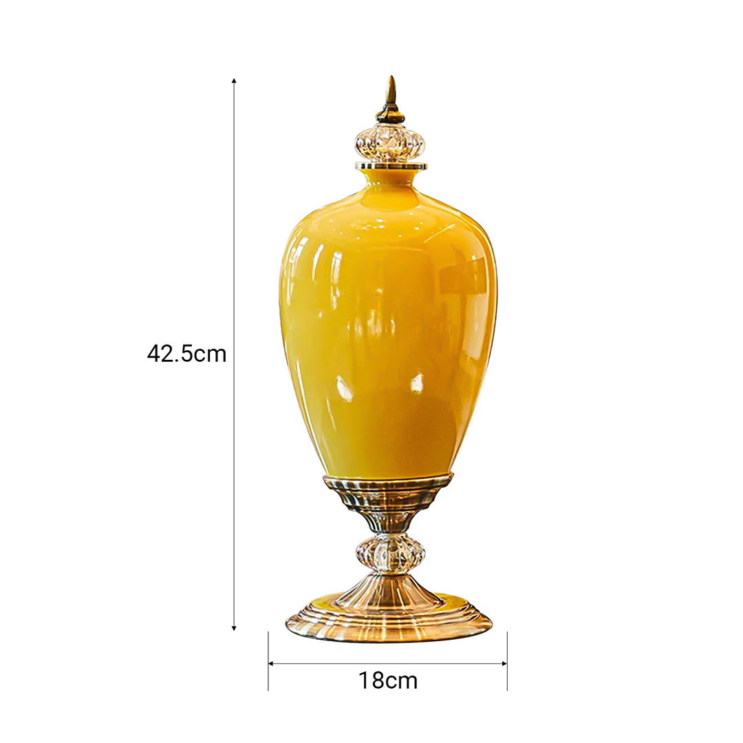 SOGA 42cm Ceramic Oval Flower Vase with Gold Metal Base Yellow