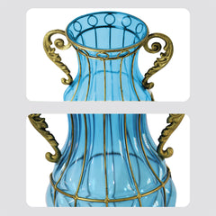 SOGA Blue Colored European Glass Home Decor Flower Vase with Two Metal Handle
