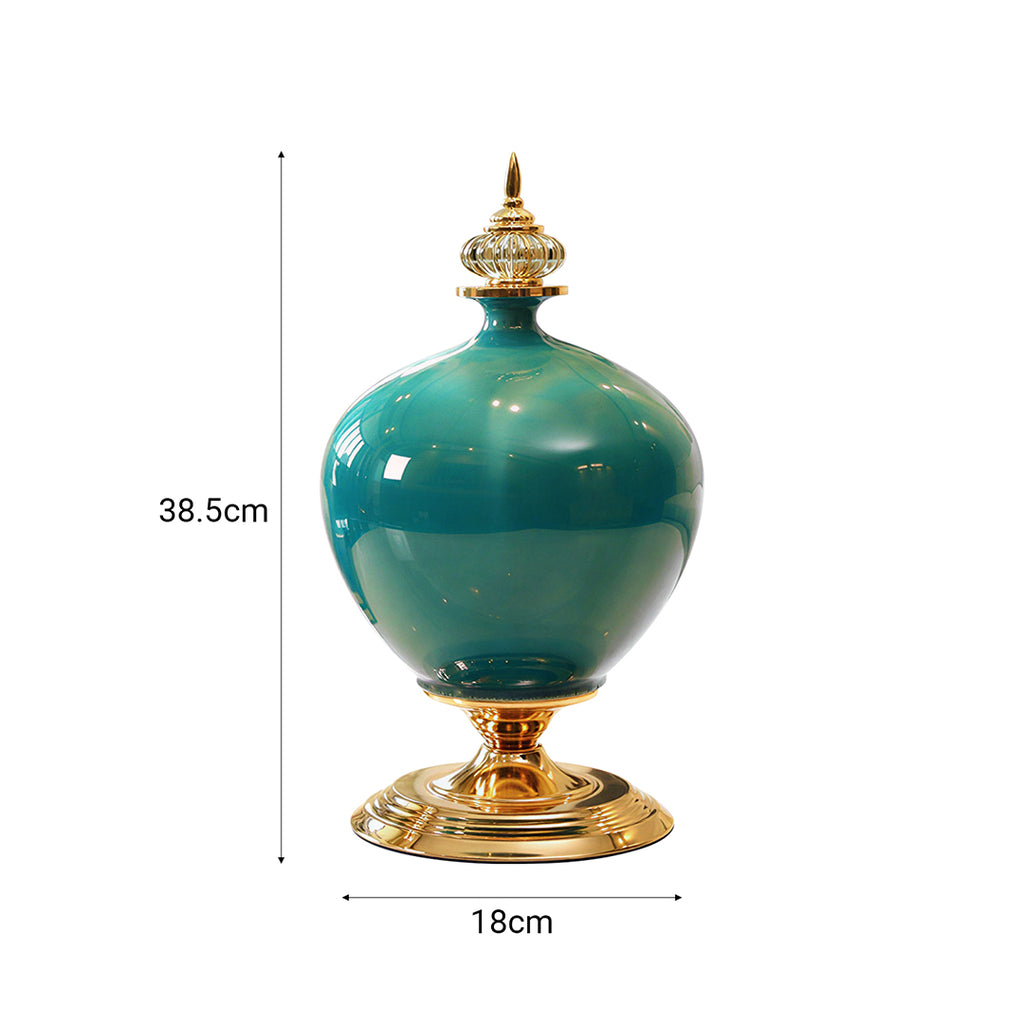 SOGA 38cm Ceramic Oval Flower Vase with Gold Metal Base Green