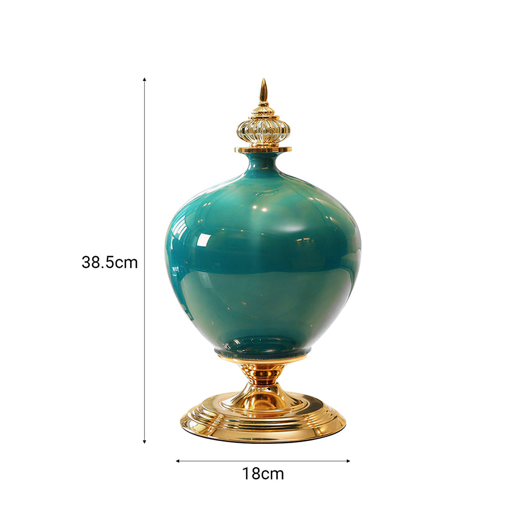 SOGA 38cm Ceramic Oval Flower Vase with Gold Metal Base Green