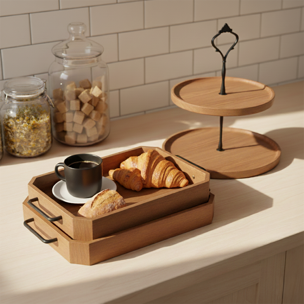 SOGA Kitchenware Bundle – 2 Paulownia Wood Serving Trays & 2-Tier Acacia Dessert Stand $ 132