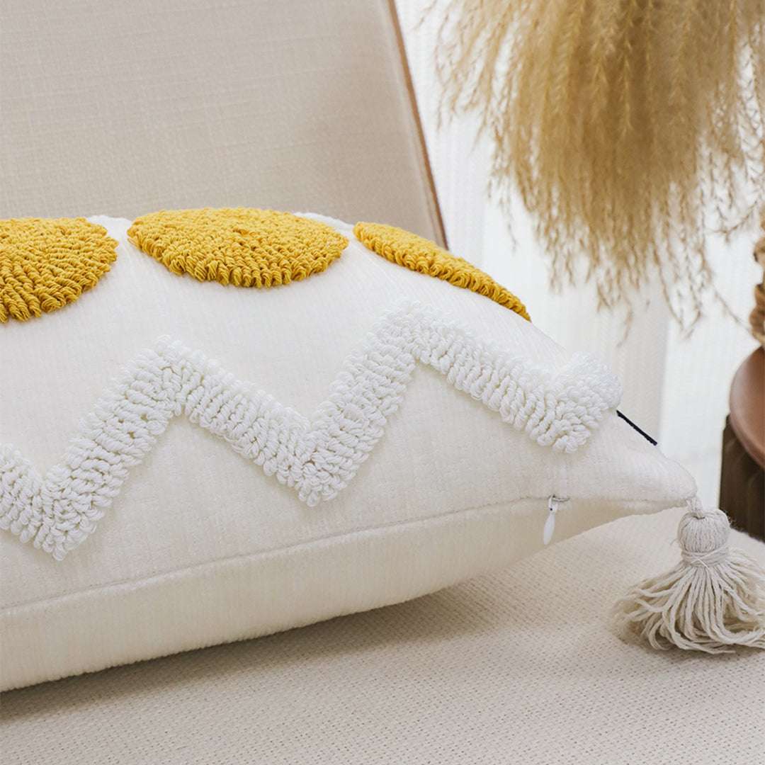 SOGA 30cm Cream Yellow Circle Pom Chevron Tassel Decorative Pillow $ 72