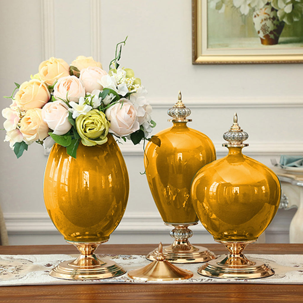 SOGA 3x Ceramic Oval Flower Vase with White Flower Set Yellow