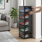 SOGA 5 Tier Black Portable Shoe Organiser Sneaker Footwear Folding Plastic Bin Stackable Storage Box with Magnetic Door