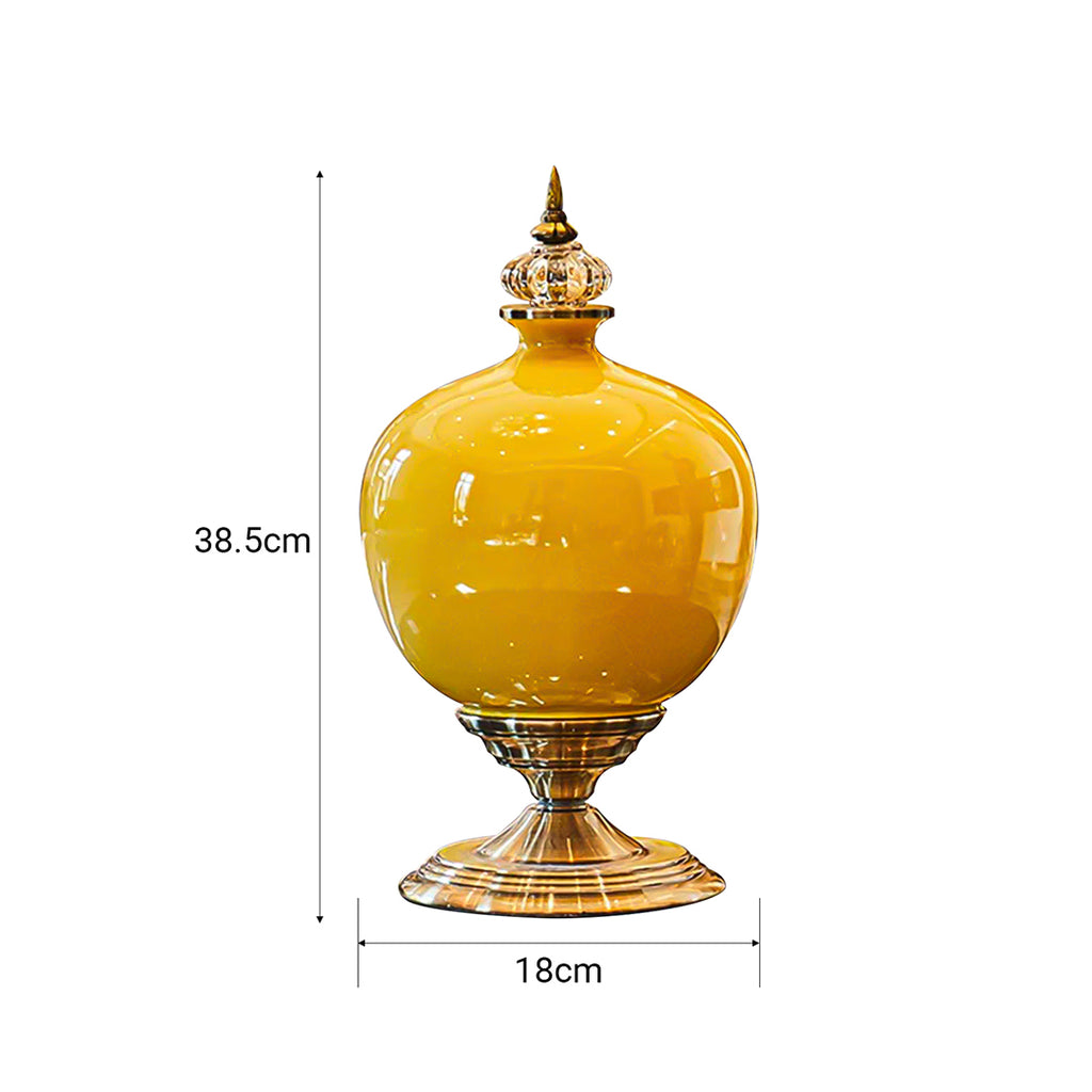 SOGA 38cm Ceramic Oval Flower Vase with Gold Metal Base Yellow