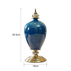 SOGA 42cm Ceramic Oval Flower Vase with Gold Metal Base Dark Blue