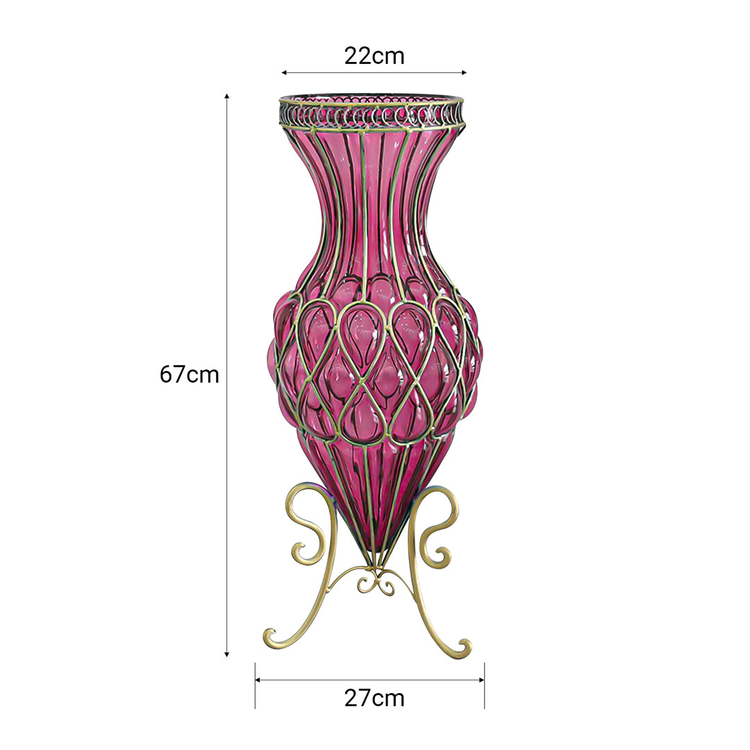 SOGA 67cm Purple Glass Tall Floor Vase with Metal Flower Stand