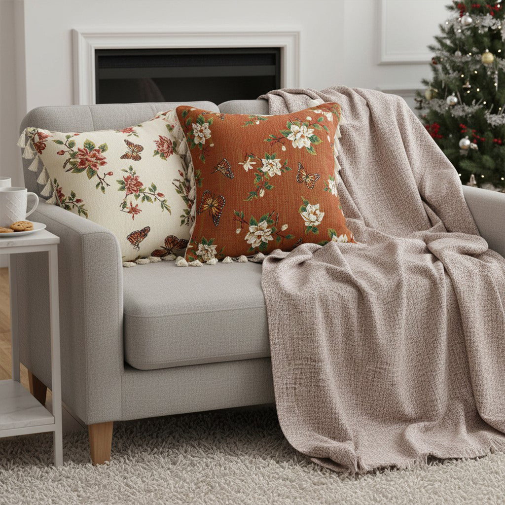 SOGA Home & Living Bundle – French Vintage Butterfly Tassel Pillows & Misty Beige Blanket
