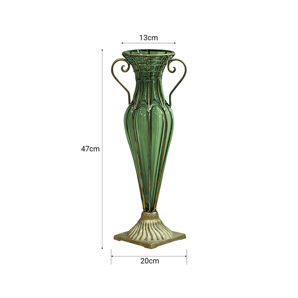 SOGA Green Colored European Glass Flower Vase Solid Base with Two Gold Metal Handle
