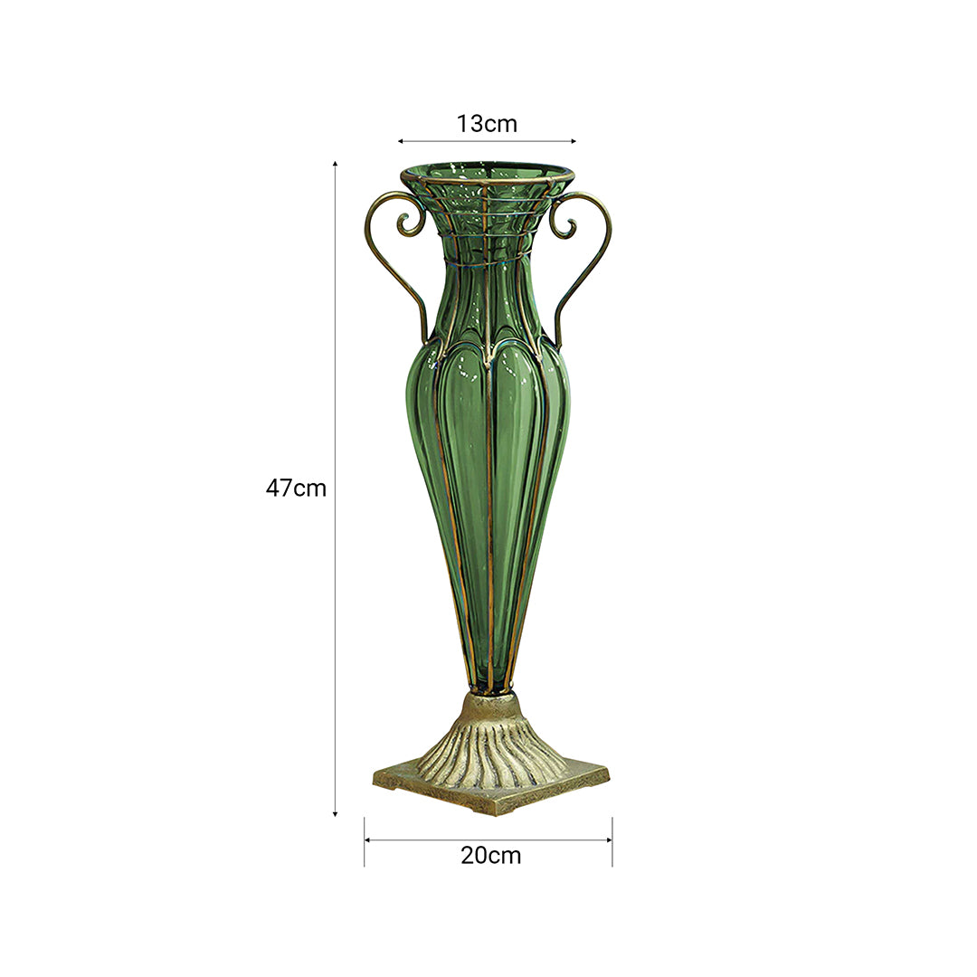 SOGA Green Colored European Glass Flower Vase Solid Base with Two Gold Metal Handle