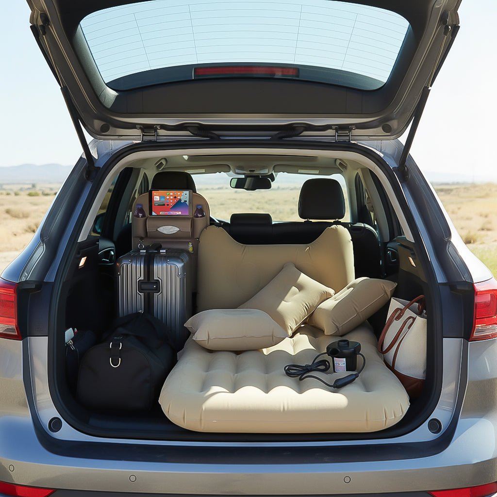 SOGA Car Bundle E – White Back Seat Storage Organizer & Beige Honeycomb Inflatable Mattress