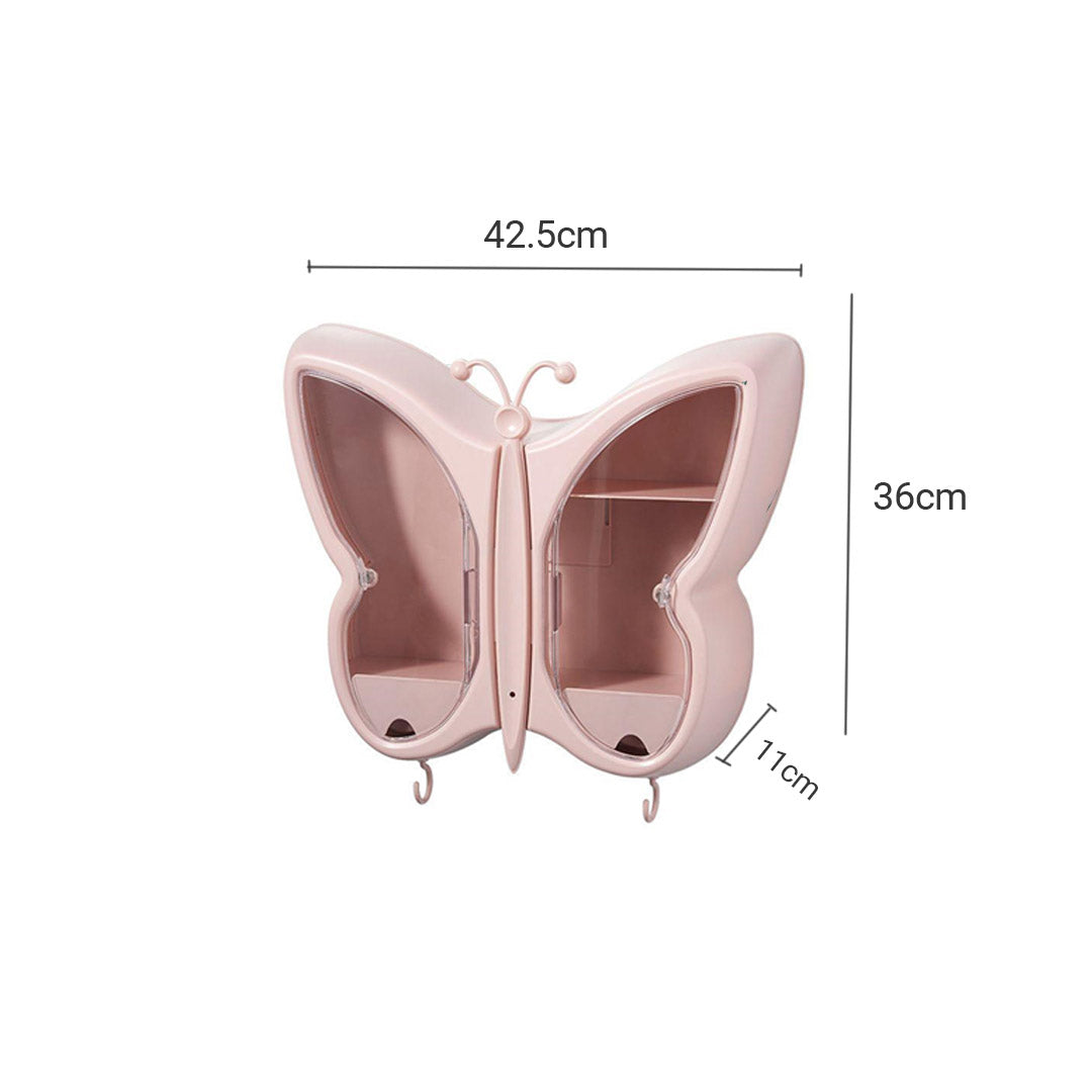 SOGA 2X Pink Butterfly Shape Wall-Mounted Makeup Organiser Dustproof Waterproof Bathroom Storage Box Home Decor