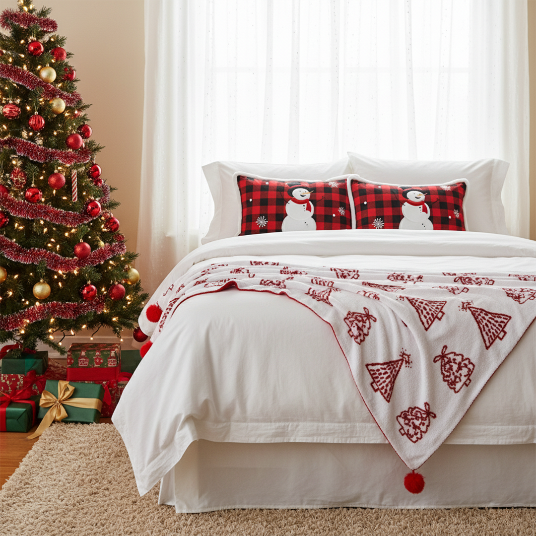 SOGA Christmas Bundle – 2 Red Snowman Lumbar Pillow & Red Christmas Tree Fleece Throw Blanket $ 200