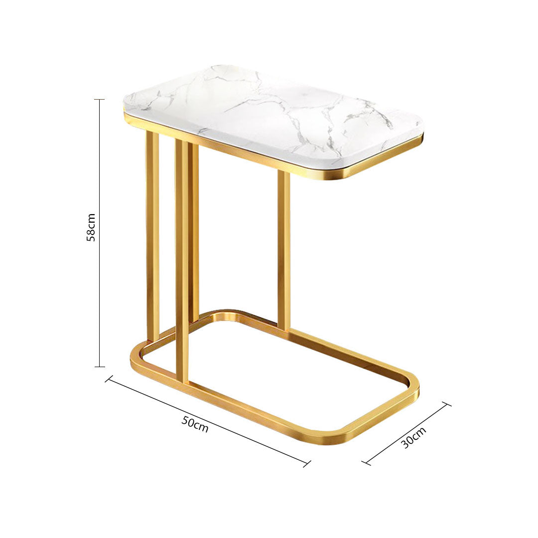 SOGA 2X 30x50cm White Stone-Patterned Sofa Side Square Mini Table w/ Gold Metal Legs
