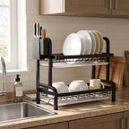 SOGA 2 Tier Steel Black Kitchen Countertop Drying Dish Rack Plate Cutlery Cutting Board Holder Dish Drainer Kitchen Organiser