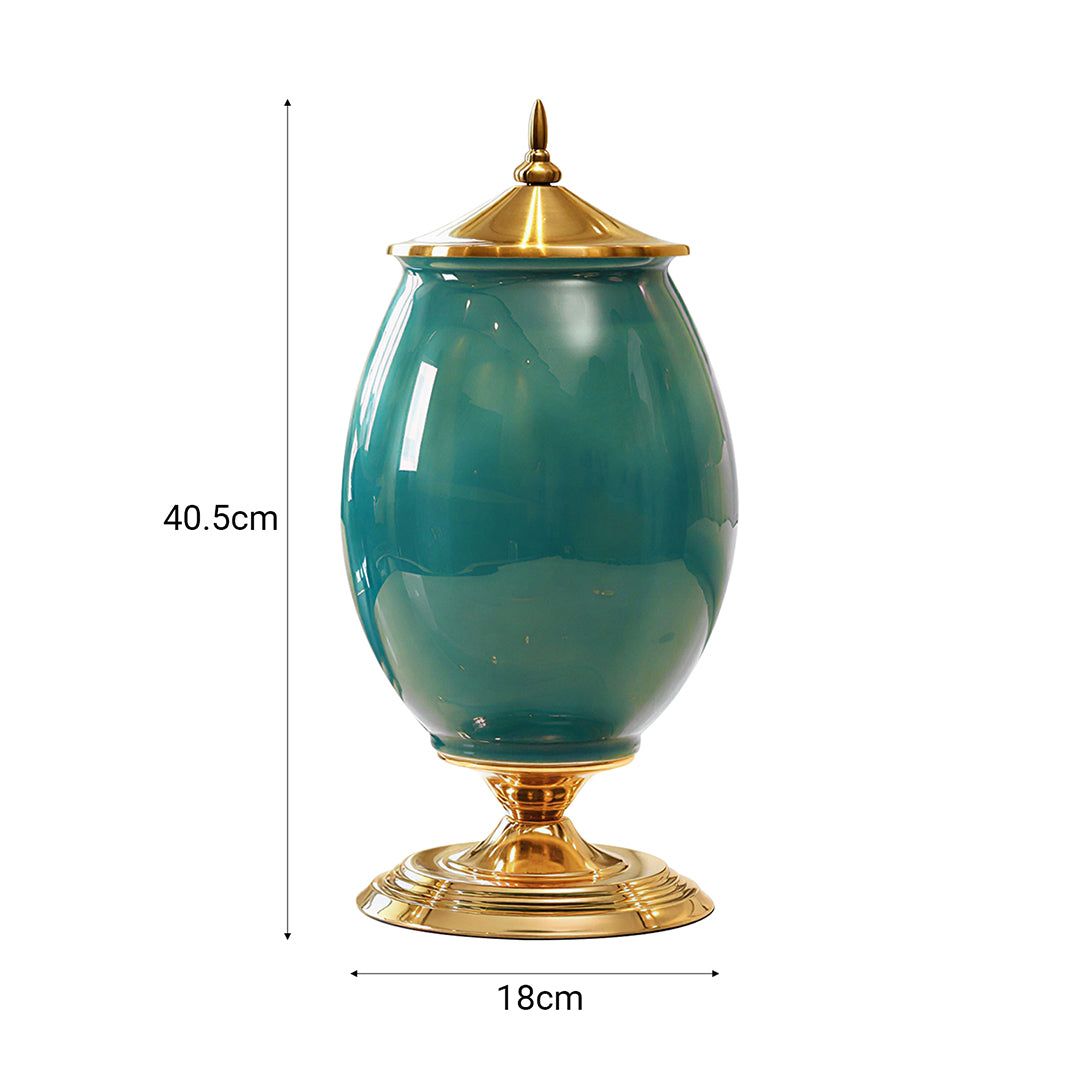 SOGA 40cm Ceramic Oval Flower Vase with Gold Metal Base Green