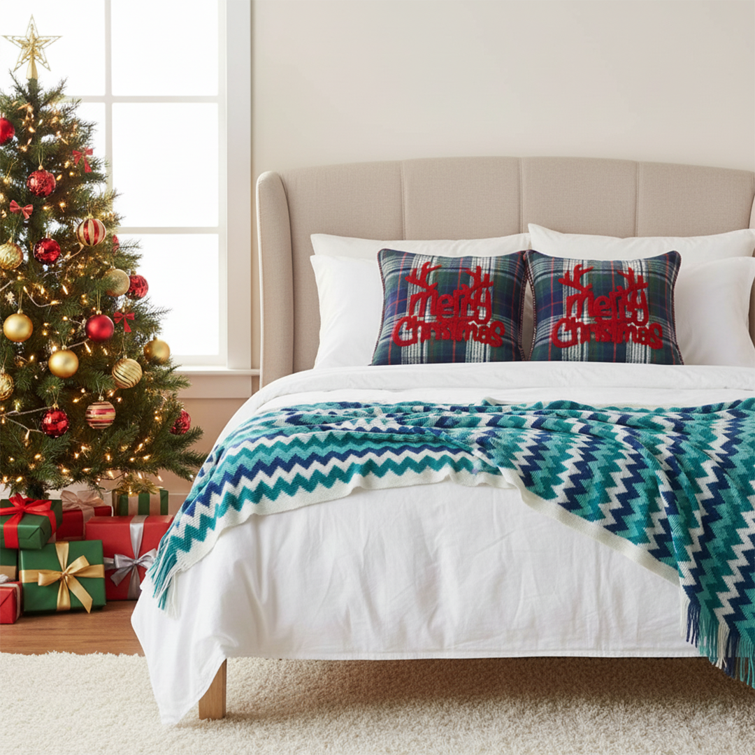 SOGA Christmas Bundle – 2 Multicolor Plaid Antler Pillow & Blue Zigzag Knitted Throw Blanket $ 175