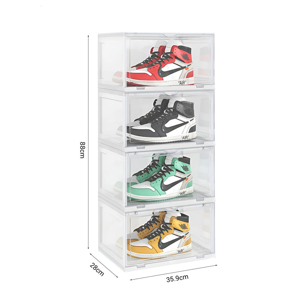 SOGA 2X 4 Tier Transparent Portable Shoe Organiser Sneaker Footwear Folding Plastic Bin Stackable Storage Box with Magnetic Door