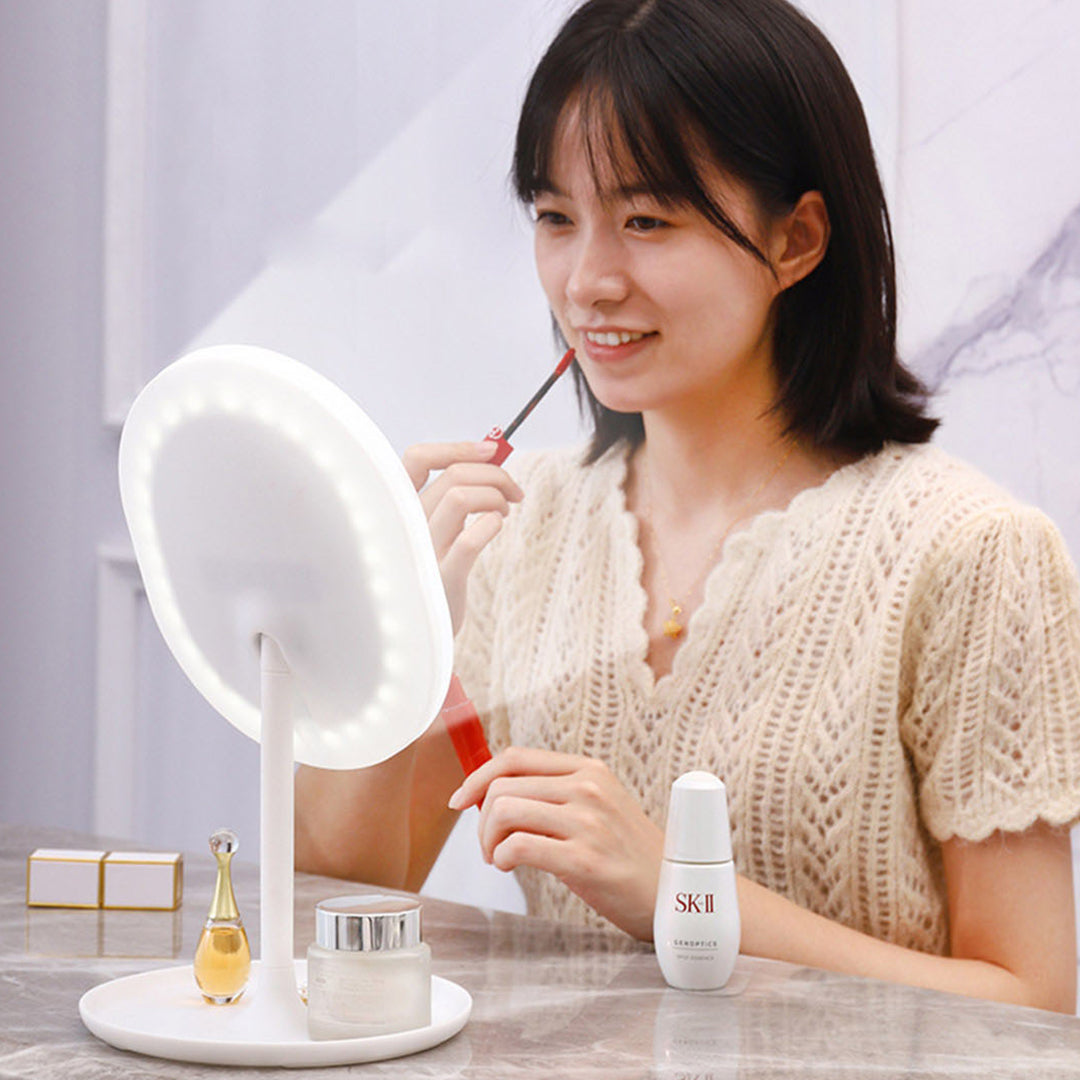 SOGA Transparent Cosmetic Storage with Pearls Skincare Holder and 20cm White Rechargeable LED Light Makeup Tabletop Mirror Set