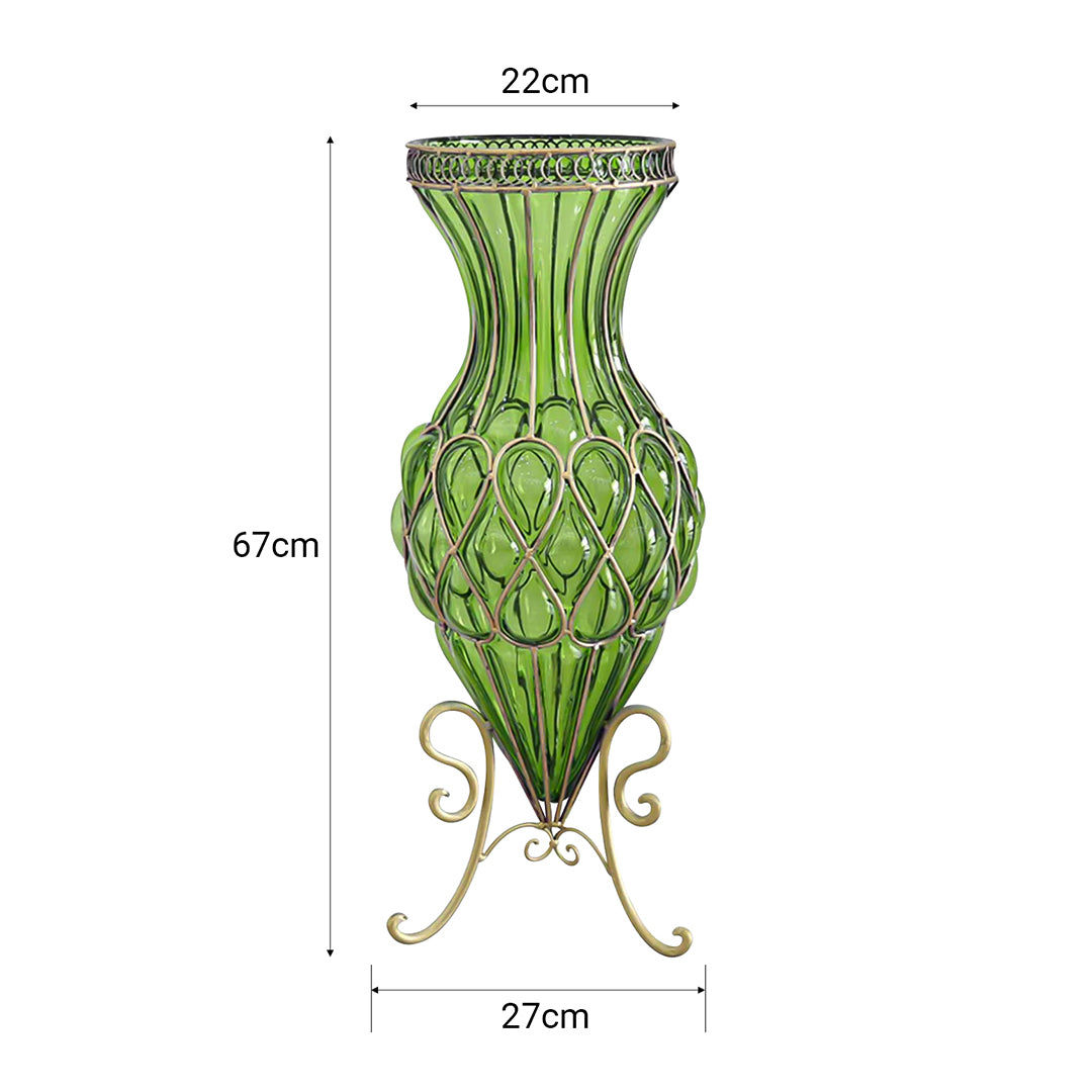 SOGA 67cm Green Glass Tall Floor Vase with Metal Flower Stand